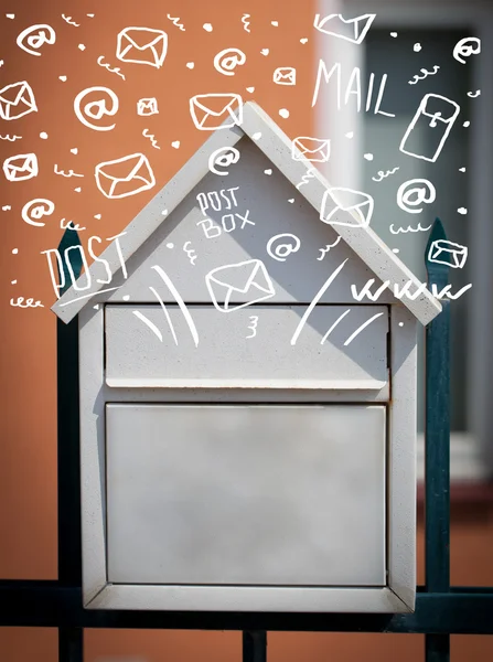 Postbox with white hand drawn mail icons — Stock Photo, Image