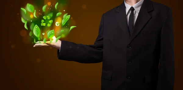 Young businessman presenting eco green leaf recycle energy conce — Stock Photo, Image