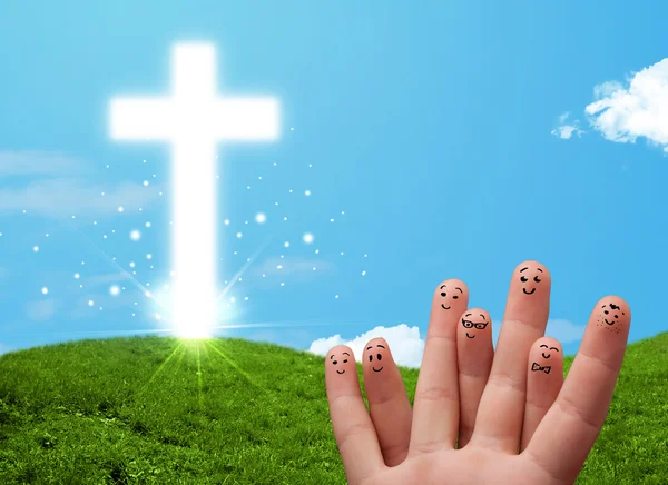 Happy finger smileys with christian religion cross — Stock Photo, Image