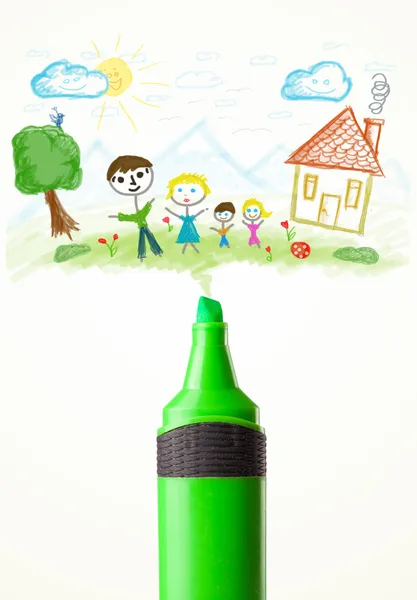 Marker Nahaufnahme mit einer Zeichnung einer Familie — Stockfoto