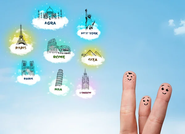 Cheerful finger smileys with sightseeing landmarks icons — Stock Photo, Image