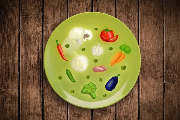Colorful plate with hand drawn icons, symbols, vegetables and fr — Stock Photo, Image