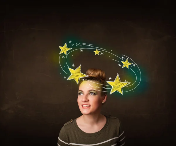 Girl with yellow stars circleing around her head illustration — Stock Photo, Image