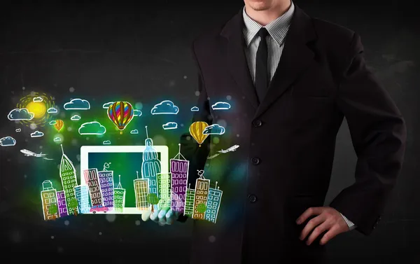 Young person showing tablet with hand drawn cityscape — Stock Photo, Image