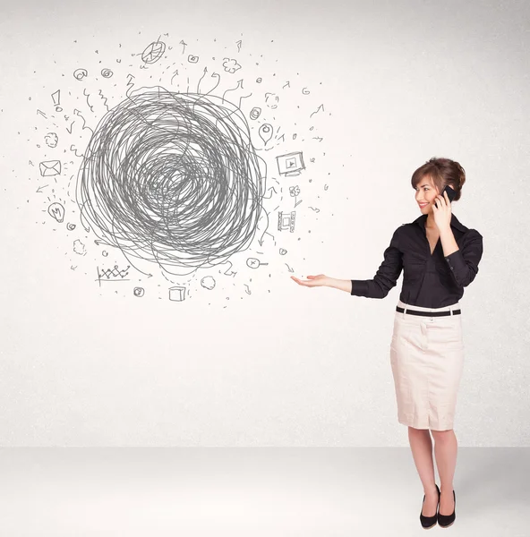 Young business woman with media doodle scribble — Stock Photo, Image