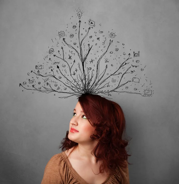 Young woman with tangled lines coming out of her head — Stock Photo, Image