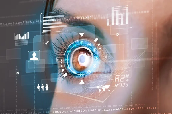 Futura mulher com conceito de painel de olho de tecnologia cibernética — Fotografia de Stock