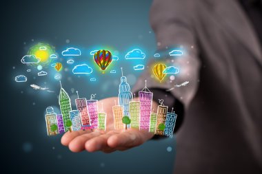 genç işadamı renkli el sunan Büyükşehir CI çizilmiş