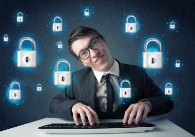 sanal kilit simgeleri ve simge ile genç hacker