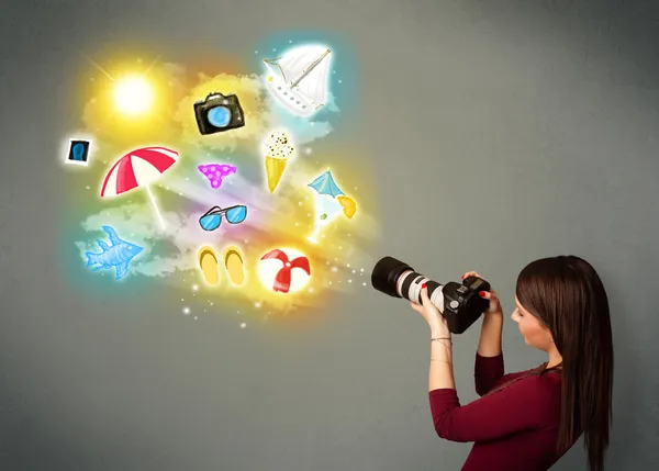 Teenage photographer making photos of holiday painted icons — Stock Photo, Image