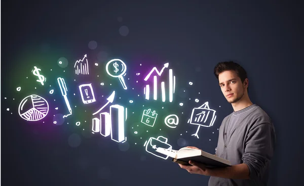 Joven leyendo un libro con iconos de negocios —  Fotos de Stock