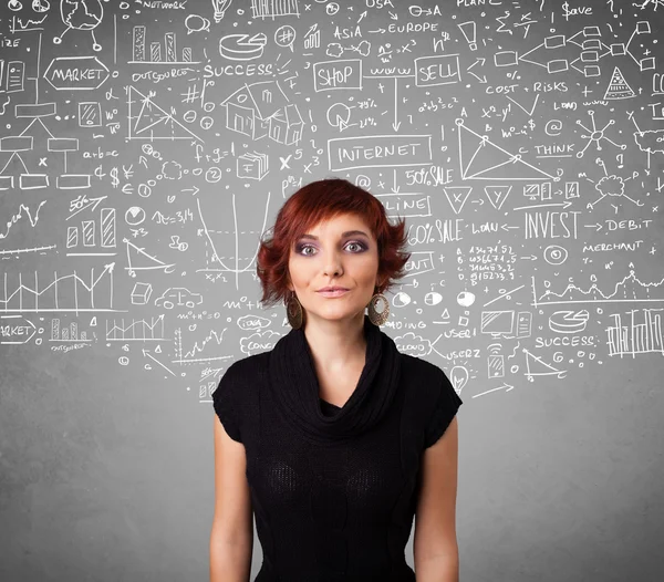 Young pretty lady with hand drawn calculations and icons — Stock Photo, Image