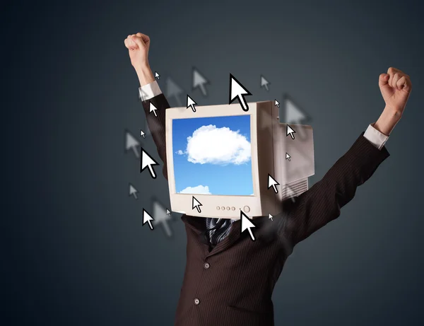 Business man with a monitor on his head, cloud system and pointe — Stock Photo, Image