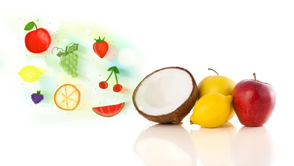 Färgglada frukter med handritade illustrerade frukter — Stockfoto