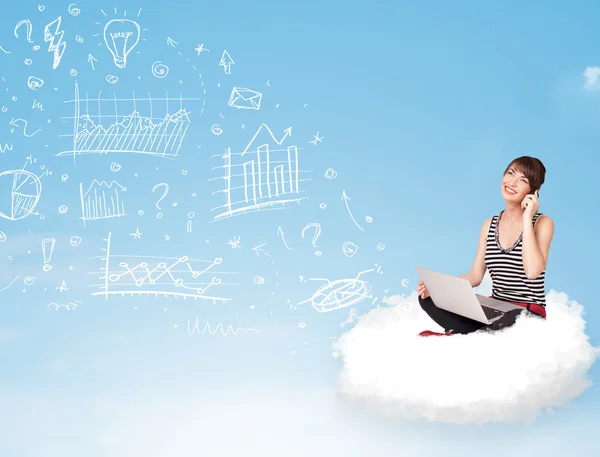 Young woman sitting in cloud with laptop — Stock Photo, Image