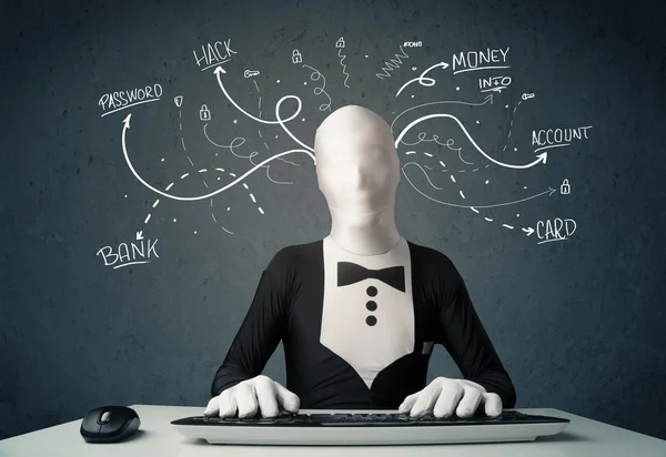 Morphsuit hacker with white drawn line thoughts — Stock Photo, Image