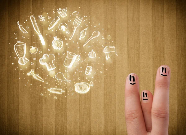 Vrolijke vinger glimlachen met voedsel en keuken hand getrokken pictogrammen — Stockfoto