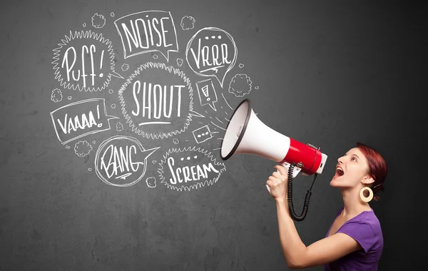 Girl yelling into megaphone and hand drawn speech bubbles come o — Stock Photo, Image