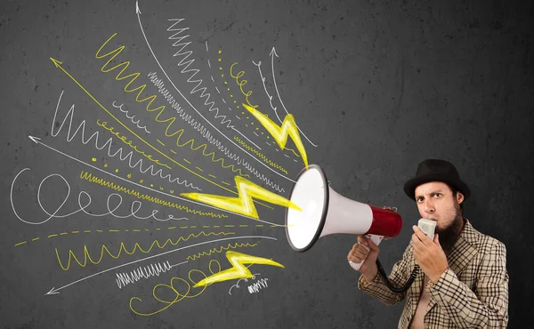 Leader guy shouting into megaphone with hand drawn lines and arr — Stock Photo, Image