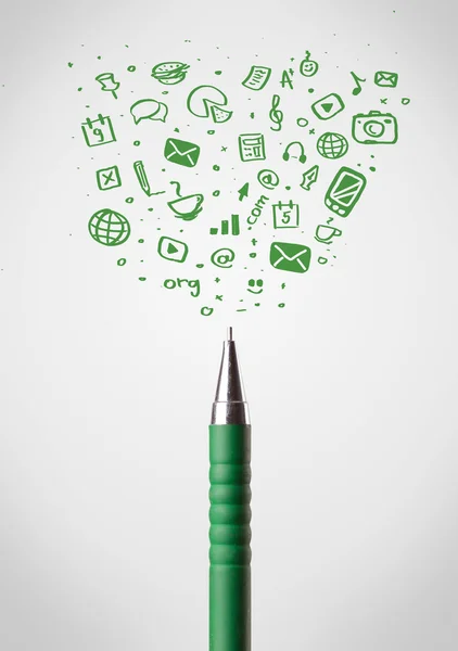 Pen close-up with social media icons — Stock Photo, Image