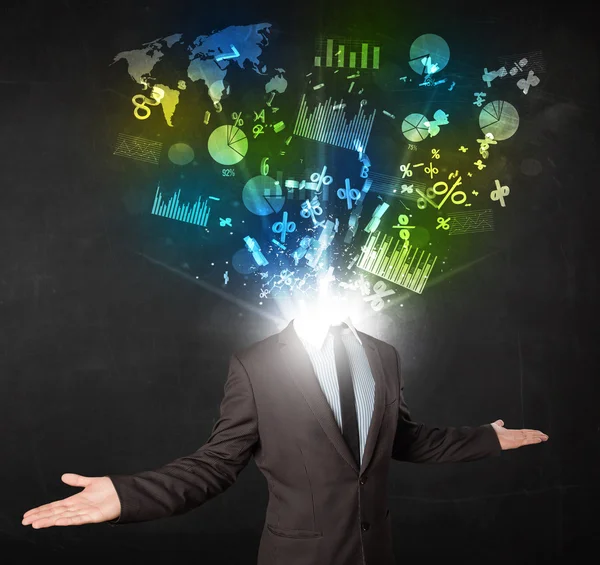 Business man in suit with graph and charts exploding from his bo — Stock Photo, Image