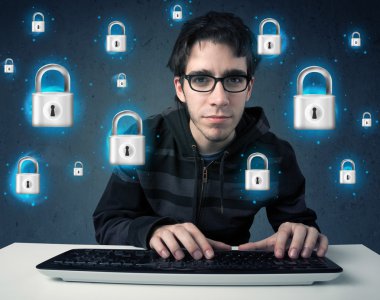 sanal kilit simgeleri ve simge ile genç hacker