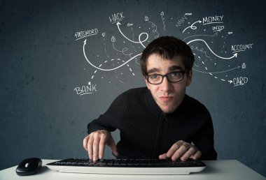 Beyaz çizgili düşünceleri olan genç bir hacker.