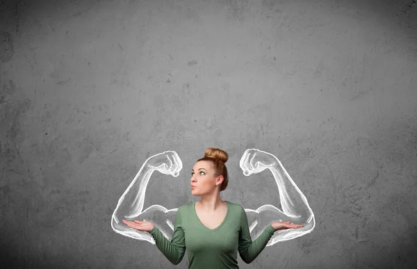 Young woman with strong muscled arms — Stock Photo, Image