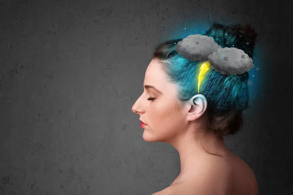 Young girl with thunderstorm lightning headache — Stock Photo, Image