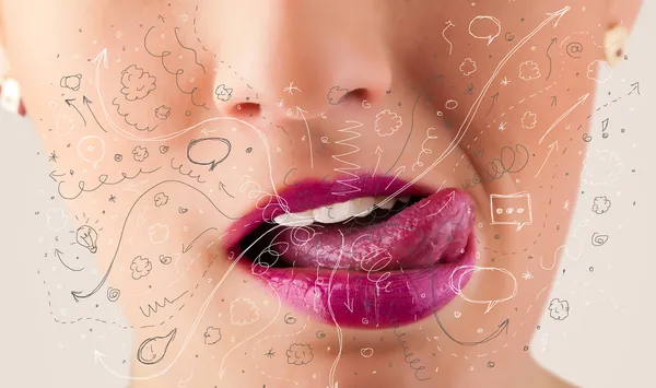 きれいな女性の口吹き手描きアイコンと記号 — ストック写真