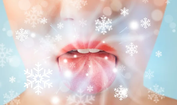 Pretty woman mouth blowing cold breeze — Stock Photo, Image