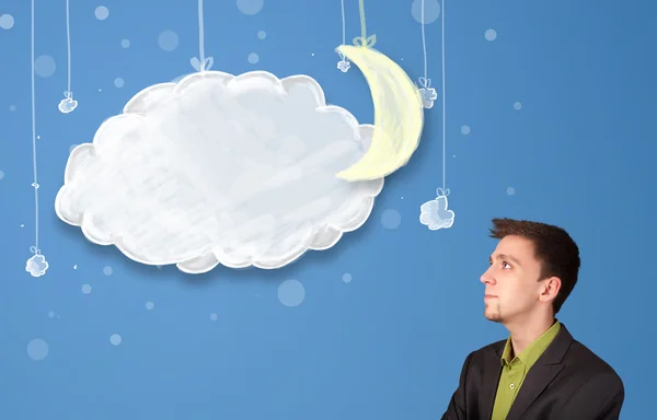 Hombre de negocios mirando nubes nocturnas de dibujos animados con luna —  Fotos de Stock