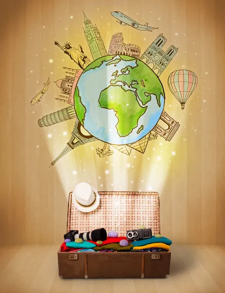 Bagage met reizen rond de wereld illustratie concept — Stockfoto