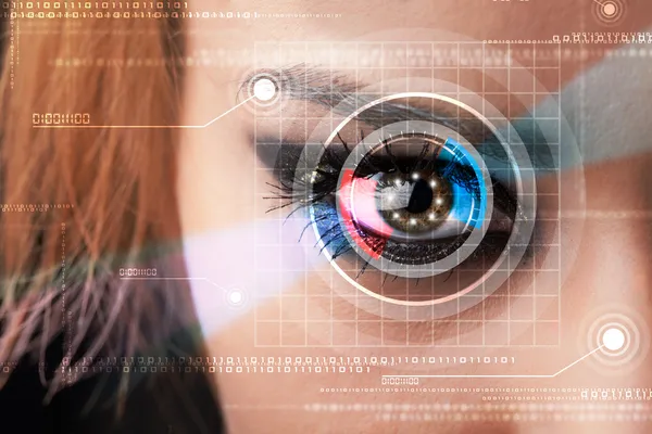 Cyber woman with technolgy eye looking — Stock Photo, Image