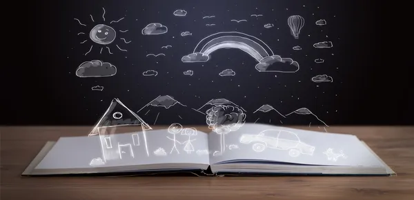 Open book with hand drawn landscape — Stock Photo, Image
