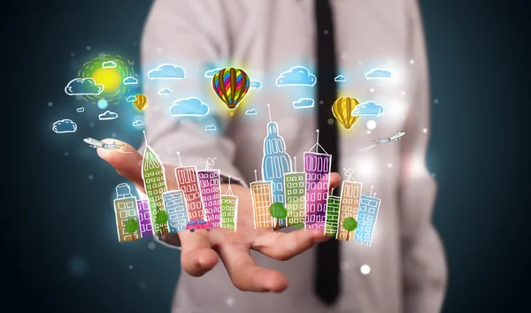 Mladý podnikatel prezentující barevné ručně tažené metropolitní ci — Stock fotografie
