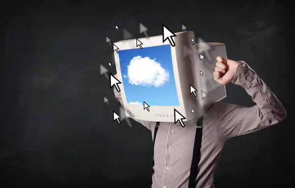 Uomo d'affari con un monitor in testa, sistema cloud e punta — Foto Stock