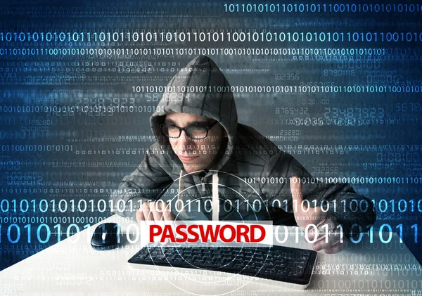 Young geek hacker stealing password — Stock Photo, Image