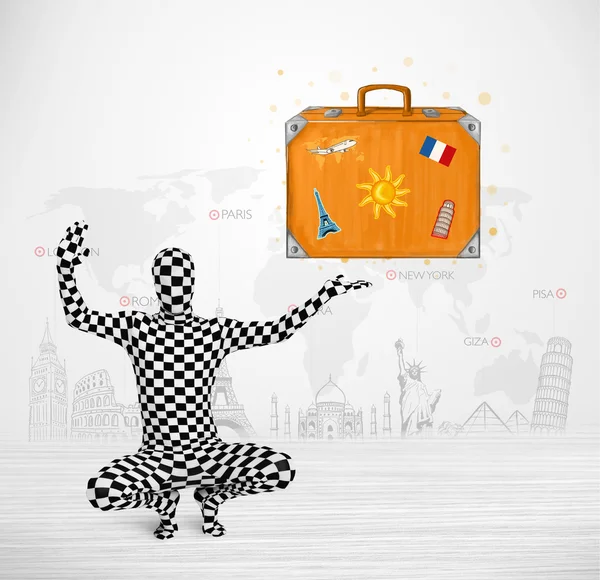 Man in full body suit presenting vacation suitcase — Stock Photo, Image