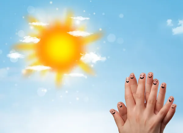 Cheerful finger smileys with bright sun and clouds illustration — Stock Photo, Image