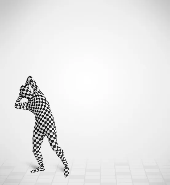 Funny guy in morphsuit body suit looking at copy space — Stock Photo, Image