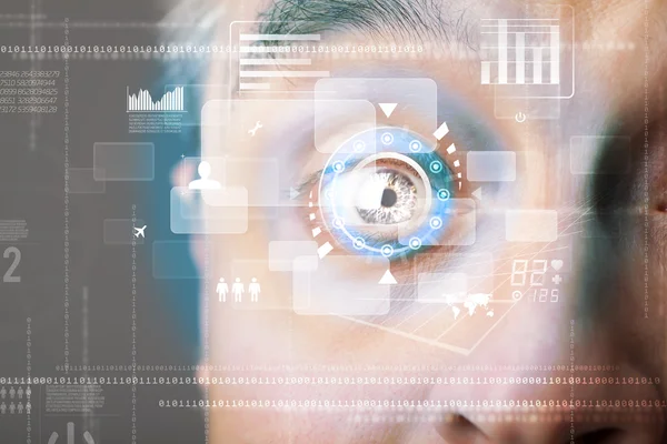 Futuristico cyber uomo moderno con tecnologia schermo pannello oculare — Foto Stock