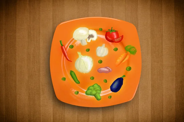 Colorful plate with hand drawn icons, symbols, vegetables and fr — Stock Image Colorful plate with hand drawn icons, symbols, vegetables and fr Stock Image