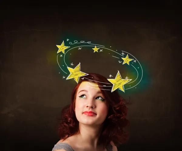 Girl with yellow stars circleing around her head illustration — Stock Photo, Image