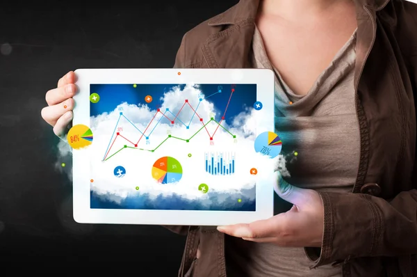 Person holding a touchpad with cloud technology and charts — Stock Photo, Image