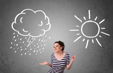 bir güneş ve yağmur çizme arasında duran kadın