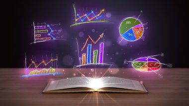 Parlak grafik çizimleriyle ahşap güvertede kitap