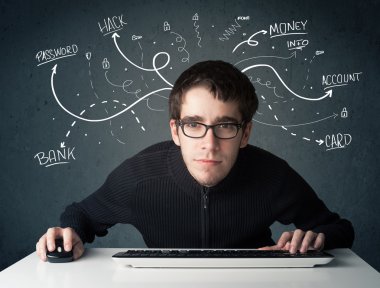 Beyaz çizgili düşünceleri olan genç bir hacker.