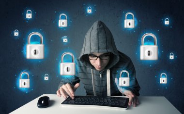 sanal kilit simgeleri ve simge ile genç hacker