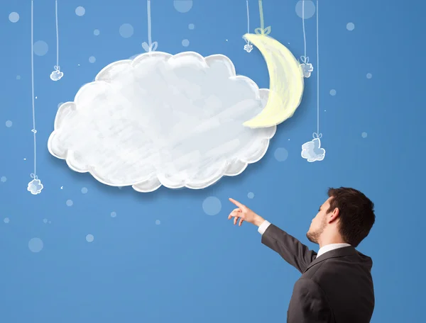 Hombre de negocios mirando nubes nocturnas de dibujos animados con luna —  Fotos de Stock